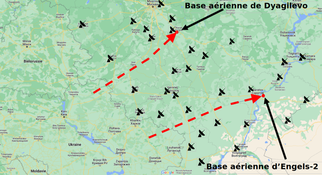 Trajectoires probables des TU-141 en fonction de la position des principales stations radar russes